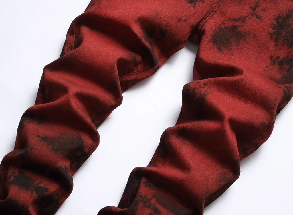 Mens Jeans High Quality Slim Tie dye Snow Wash Brick Red Denim Straight Pants
