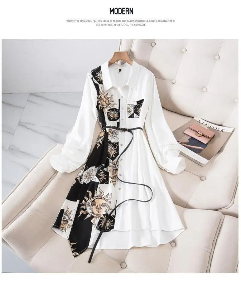 Print Vintage A-Line With Belt Loose Polo Neck Women's Dress Single-Breasted Knee Length Dresses For Women Clothing 2024 Fashion
