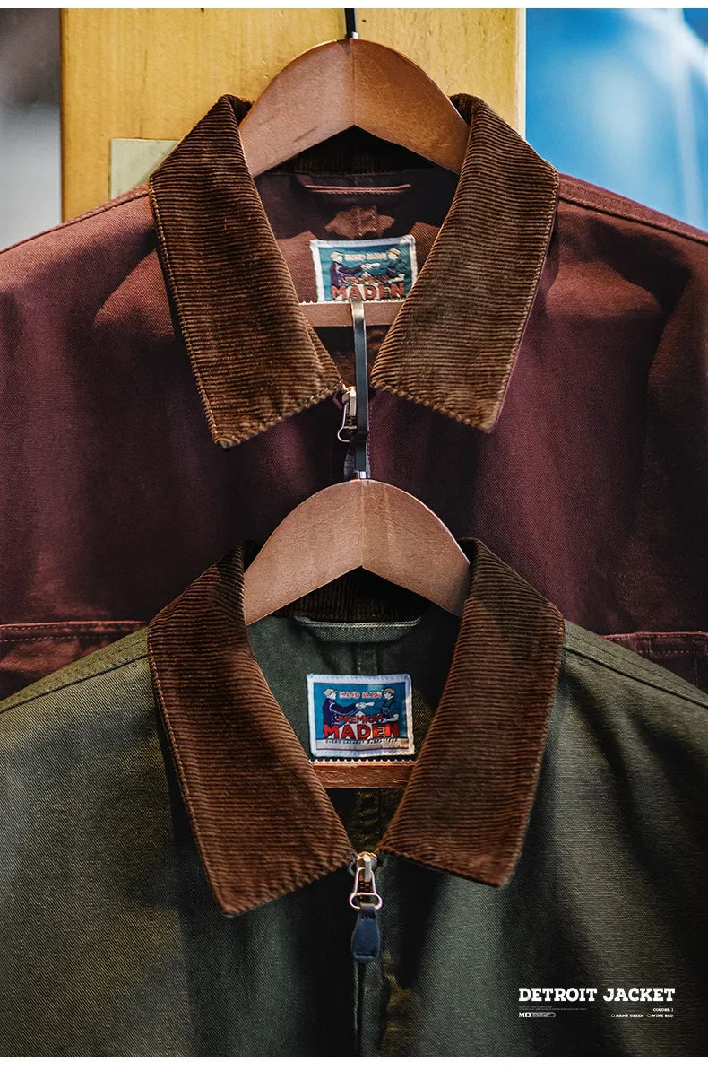 Retro Heavyweight Canvas Detroit Jacket Corduroy Collar Hunting Short Zip-Up Jacket with Pockets Men's Autumn Outerwear