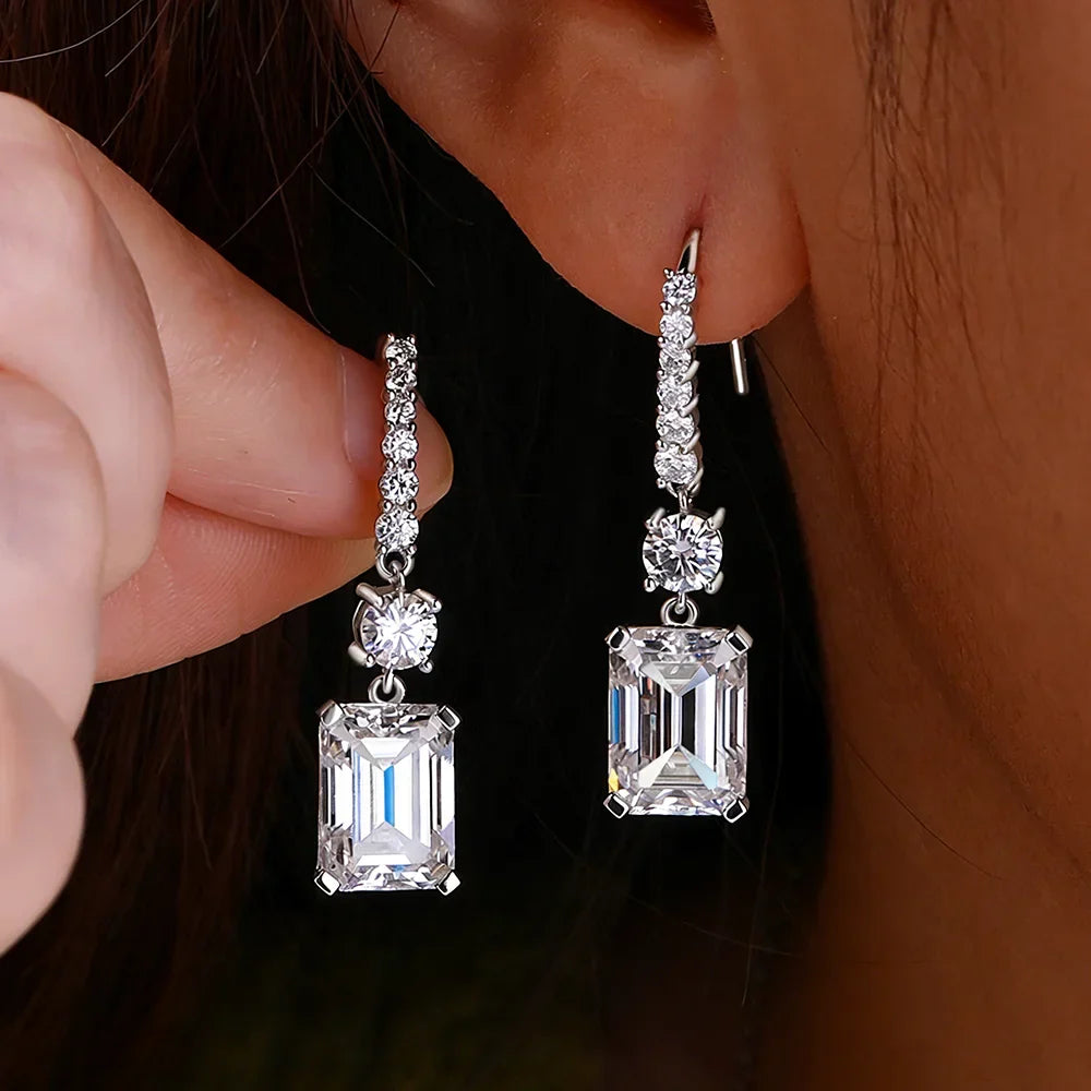 4.5carat Emerald Cut Moissanite Drop Earrings for Women 925 Sterling Silver Long Tassel Sparkling Diamond Hook Earring