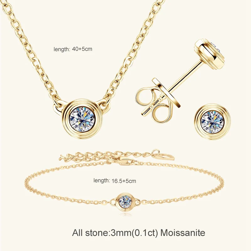 3mm 0.1ct Moissanite Diamond Necklace Bracelet Stud Earring For Women Simple Single Stone Earrings Bracelets Jewelry Set