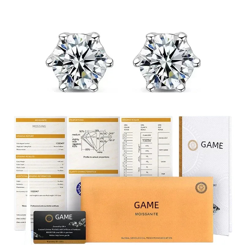 925 Sterling Silver 0.2-2ct D VVS1 6 Prong Diamond with GRA Moissanite Screw Stud Earrings For Women Wedding Fine Jewelry