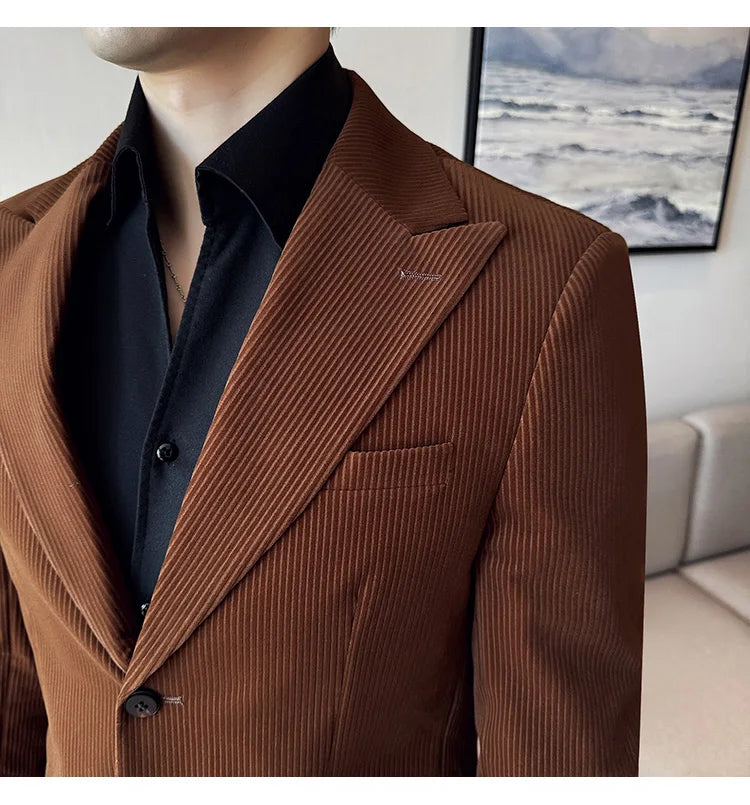 Corduroy Stripe Suit Jacket For Men Autumn Winter Business Slim Fit Tailcoat Formal Wedding Party Fashion Casual Suit Coat 4XL-M