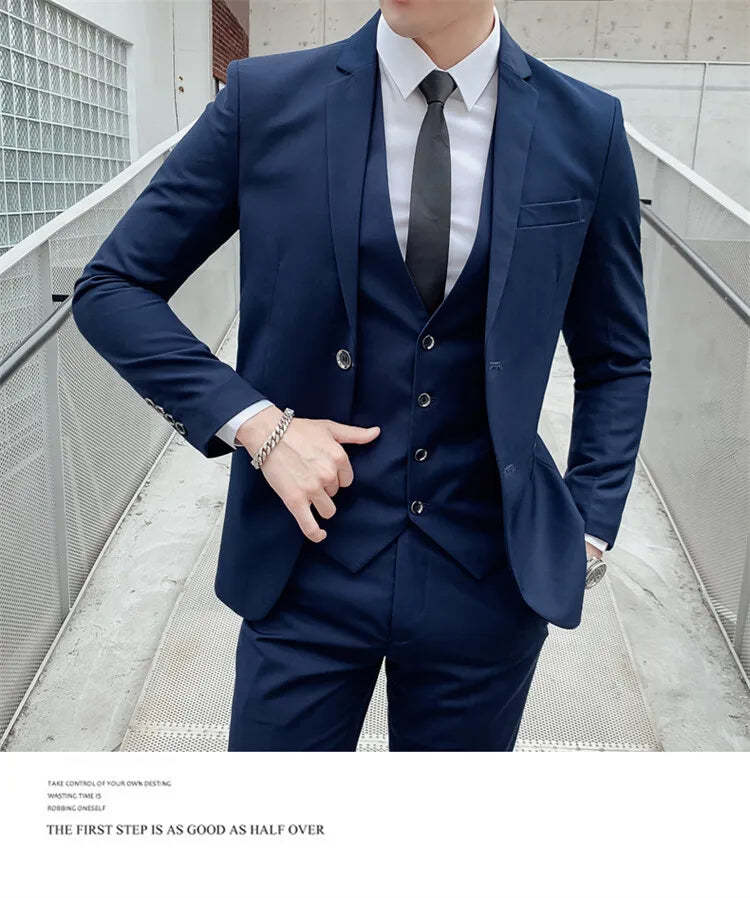 Solid Color Suit Men's Fashionable Gentleman Business Banquet Korean-style Formal Dress Casual Wedding (Blazer+Vest+Trousers)