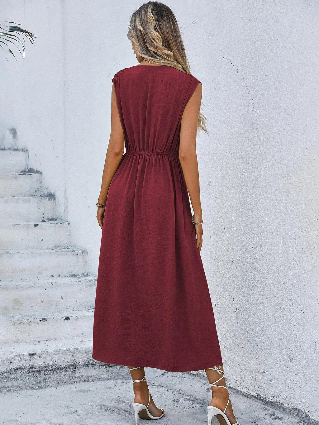 Women's Solid Color A-Line Dress Sleeveless Front Thin Straps Elegant Belted Midi Dress for Summer