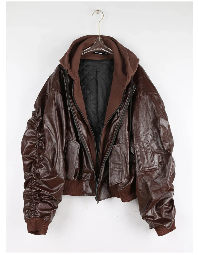 Autumn Winter Cool Handsome Oversized Brown Thickened Warm Leather Jacket Men with Hood Fake 2 Piece European Clothes