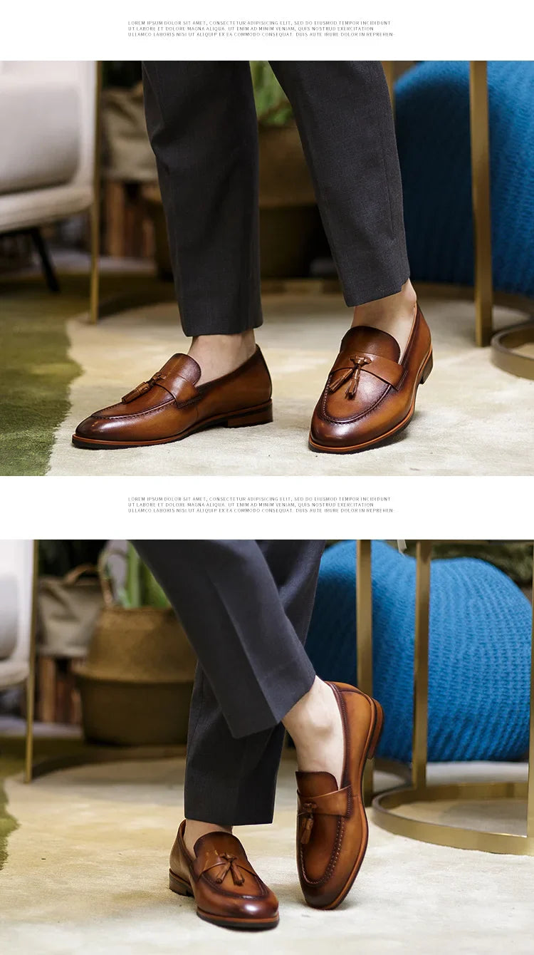 High-end Quality Retro Men's Shoes Fashion Casual Leather Shoes Head Cowhide Tassel Loafers Men Moccasins Italian Large Size 46
