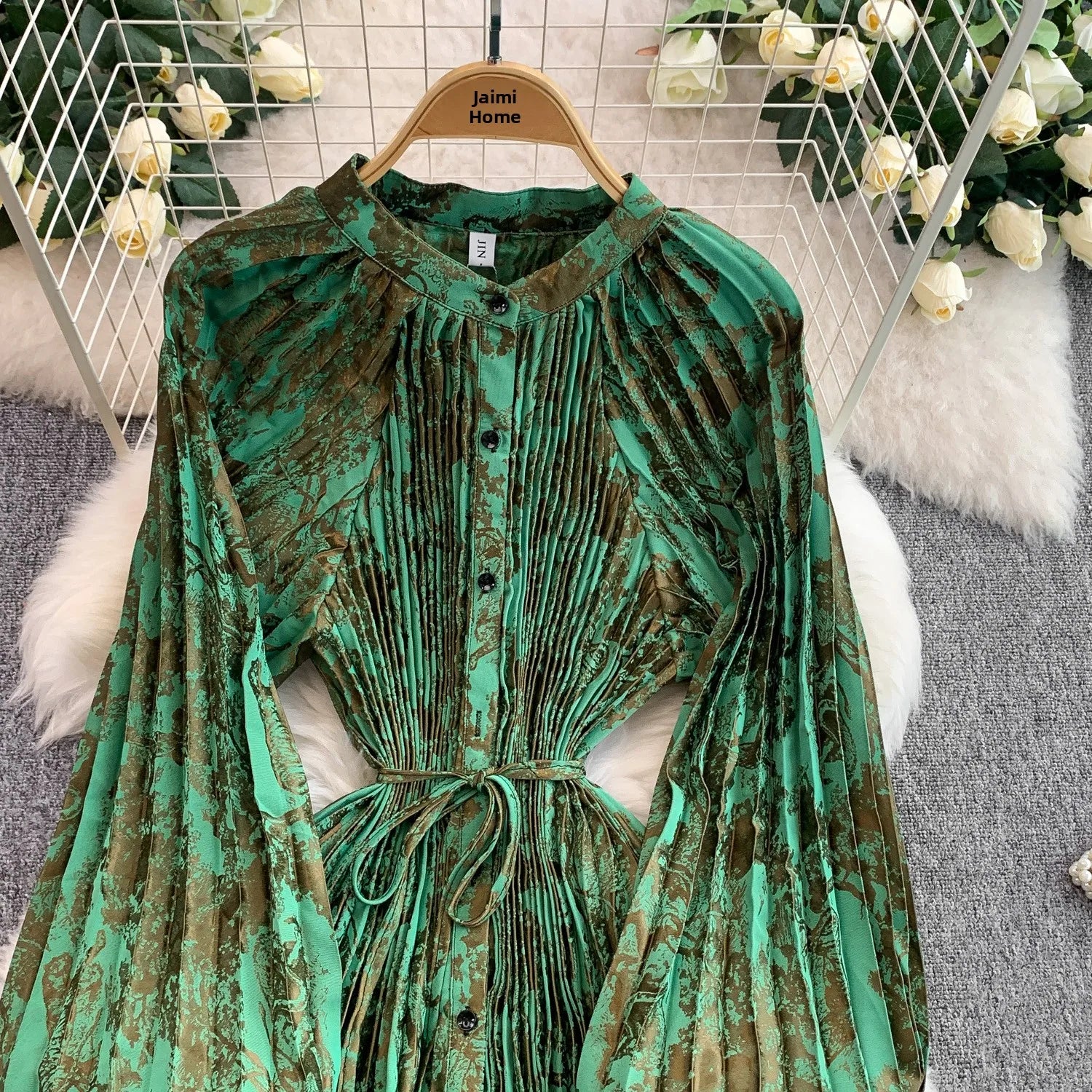 Printed round Ne Lantern Sve Dr Women's Single Button Waist Cinch Maxi Skirt Long Dr Commute Sle Autumn