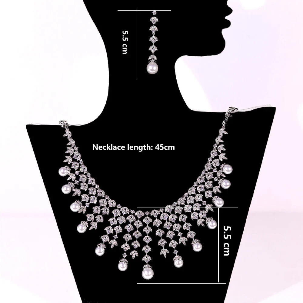 3A Cubic Zirconia Silver Color Tassel Necklace Luxury Pearl Jewelry Sets Bridal Dubai Wedding PROM Accessories