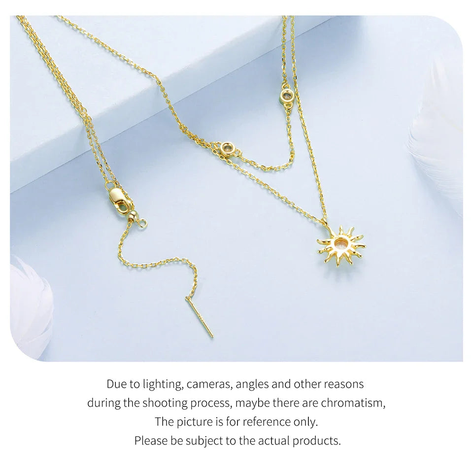 925 Sterling Silver Pink Opal Sun Double-layer Necklace Link Chain with Zircons 18K Gold Plated Pendant for Mother's Gift