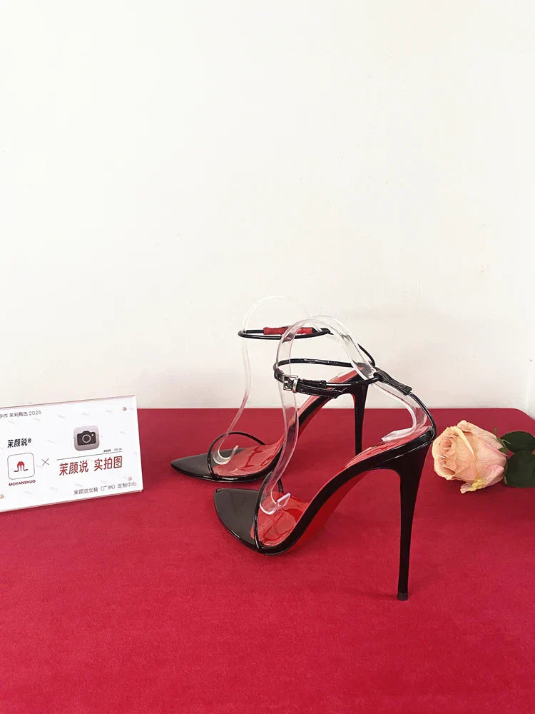New 12cm minimalist ultra-fine straight strap high-heeled shoes with sexy lace up wristband, plus size slim heel bed sandals