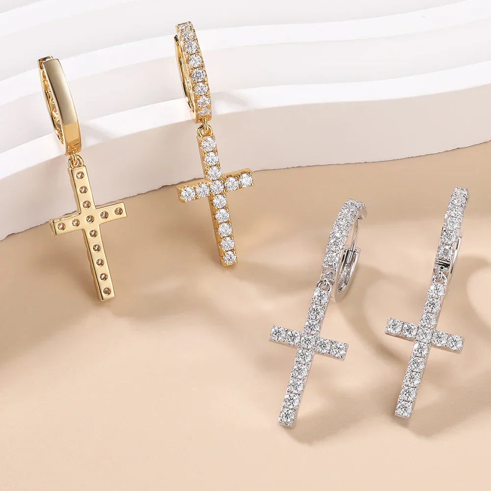 Moissanite Cross Drop Pedant Earrings for Women S925 Sterling Silver Diamond Hoop Earrings 18K Gold Plated Fine Jewelry