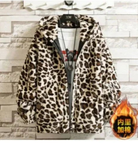 2024 Men's Leopard Print Handsome Imitation Mink Hooded Jacket Fleece-Lined Warm