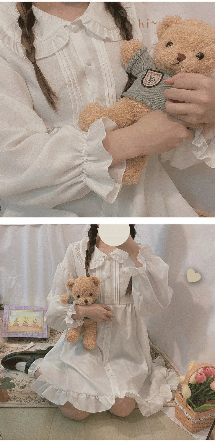 Japanese Sweet Girl Lolita Dress White 2021 Summer Kawaii Peter Pan Collar Cute Ruffle Puff Sleeve Drees Elegant Lady Dresses