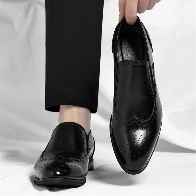 Men's Genuine Leather Brogue Loafers Dress Shoes with Wingtip Perforations Comfortable Business Casual Oxfords Office & Weddings