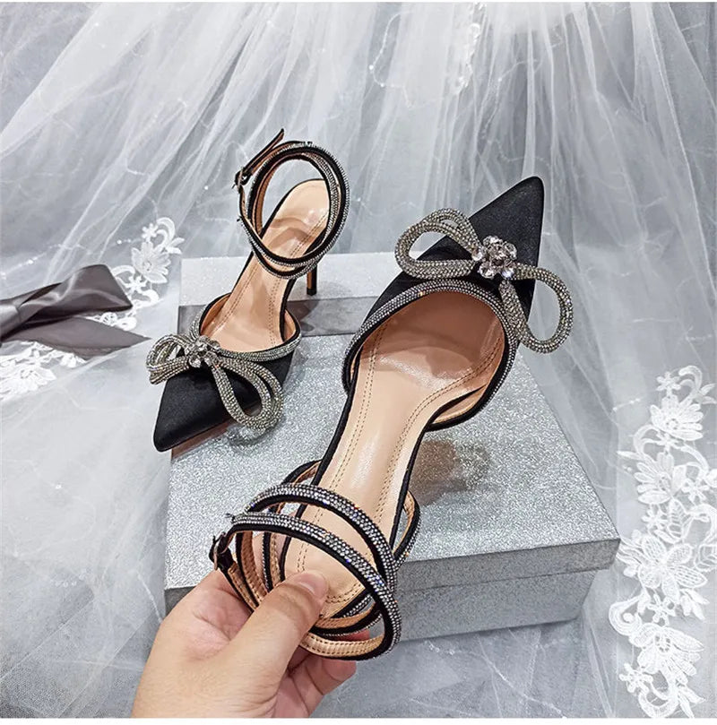 2025 New Fashion Glitter Rhinestones Women Pumps Crystal Bowknot Silk Pointed Toe Buckle Strap Thin High Heels Party Prom Shoes