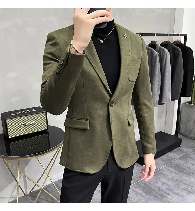 Plus Size 4XL-M Autumn Deerskin Velvet Jackets Blazer 6 Color Men Business Slim Blazers Hommes Casual Wedding Tuxedo Suit Coat