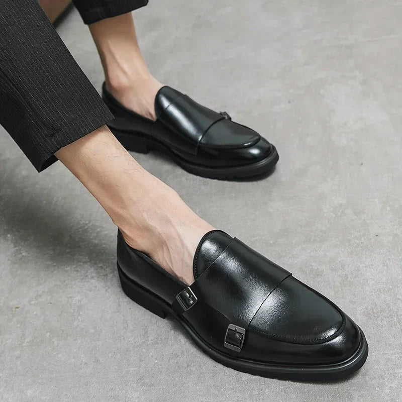 Men Fashion Formal Handmade Monk Shoes Derby  Dress Leather Gentleman Double Buckles Monk Shoes Pointed Wedding Shoes 2024