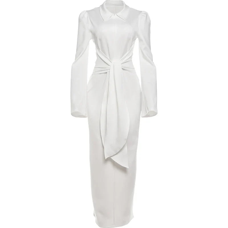 Sexy Maxi Dress Women Shoulder Padded Zip Wrapped Bandage Long Sleeve Slit Elegant Solid Office Simple Skinny Bodycon