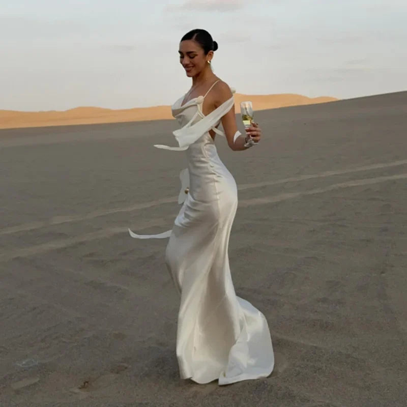 Elegant 3d Flowers Backless Dress Women Bodycon Swing Collar Sleeveless White Sling Maxi Robe 2025 Summer Lady Evevning Vestidos