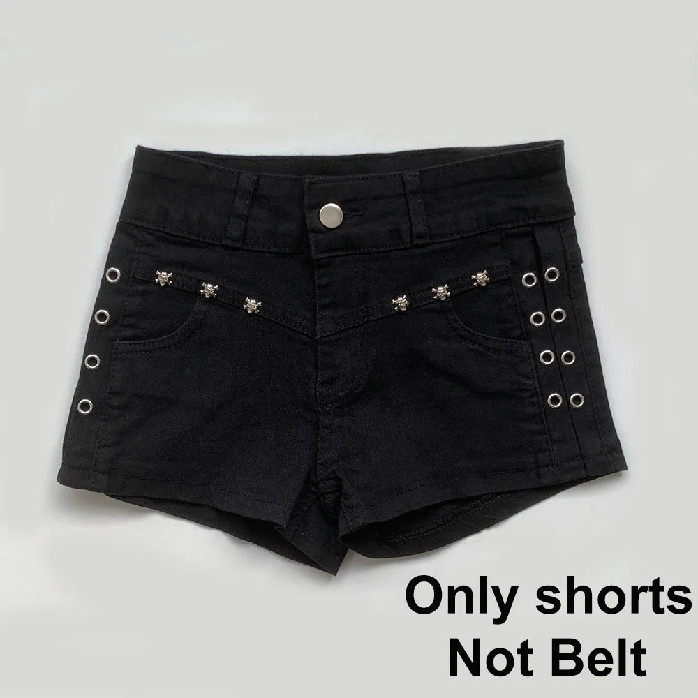 Summer Black Sexy Low Waist Y2K Jean Shorts Women Holiday Punk Gothic Denim Pants Korean Daily Fashion Skinny Strech Shorts+Belt