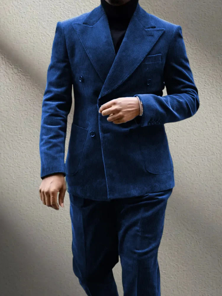 2-Pieces Retro Corduroy Double Breasted Suit Set(Blazer+Pants)High-Quality Warm Luxurious Set Wedding Part Prom Dinner Wrok