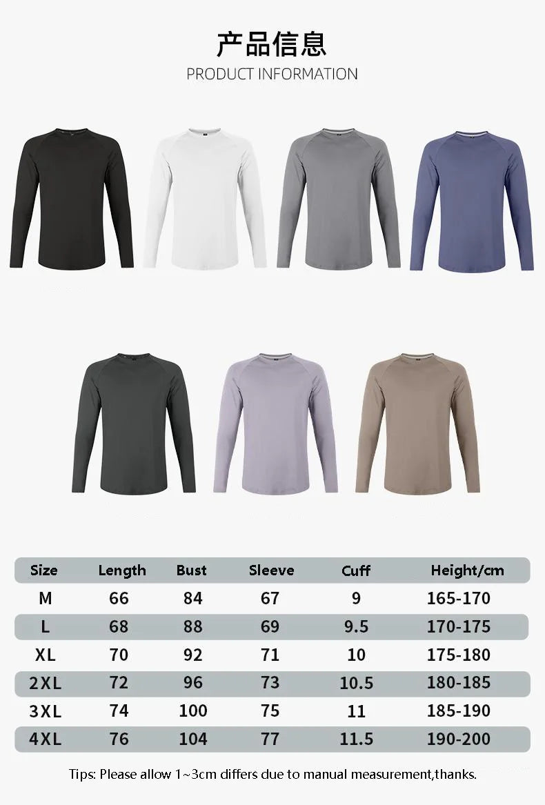 Sports Long-sleeved T-shirt Men Curved Hem Warm Gym Fitness Clothes Quick-drying Breathable Running Training Round Neck Top