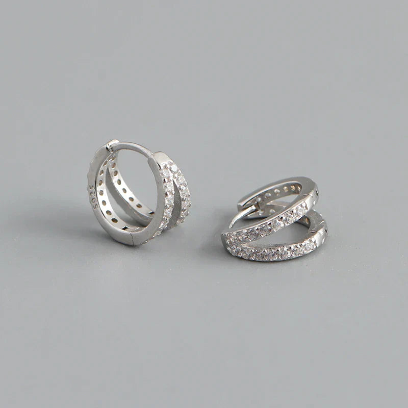925 Sterling Silver Fashion Luxury Shiny Double Layer Zircon Huggies Hoop Earrings for Women Plated 18k Gold Fine Jewelry
