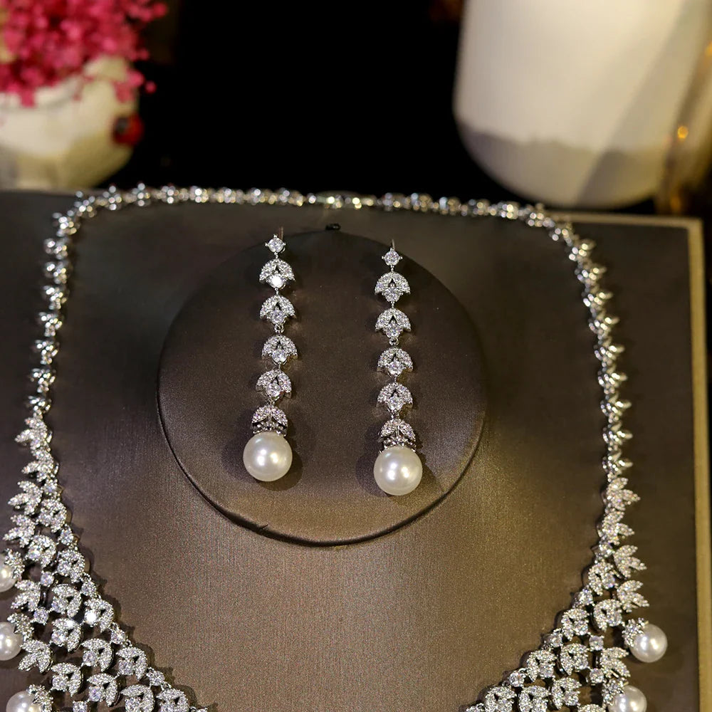3A Cubic Zirconia Silver Color Tassel Necklace Luxury Pearl Jewelry Sets Bridal Dubai Wedding PROM Accessories