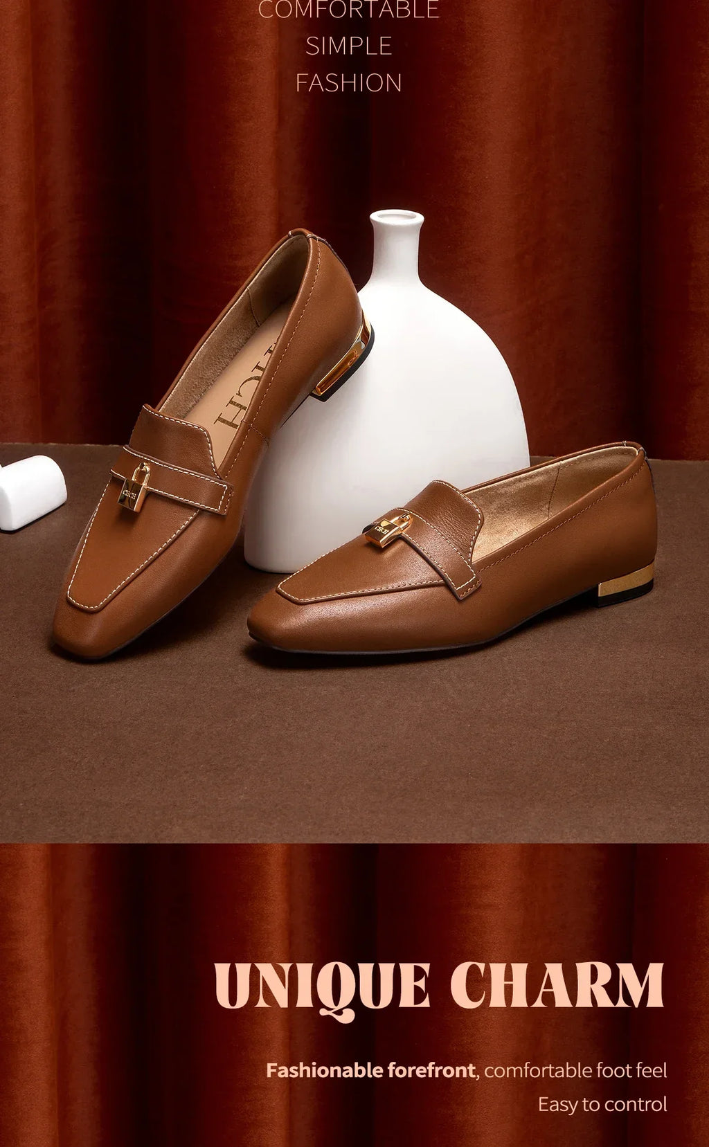 Women's Leather Loafers with Gold Lock Detail Square Toe Low Heel Penny Casual Office Slip-On Dress Shoes for Woman