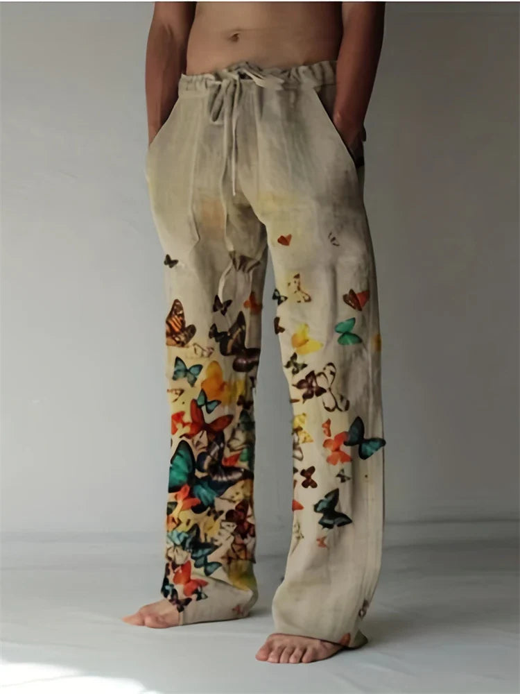 Vintage Men's Summer Straight Pants Comfortable And Breathable Cotton Linen Casual Pants Men's Butterfly Print Large Linen Pants