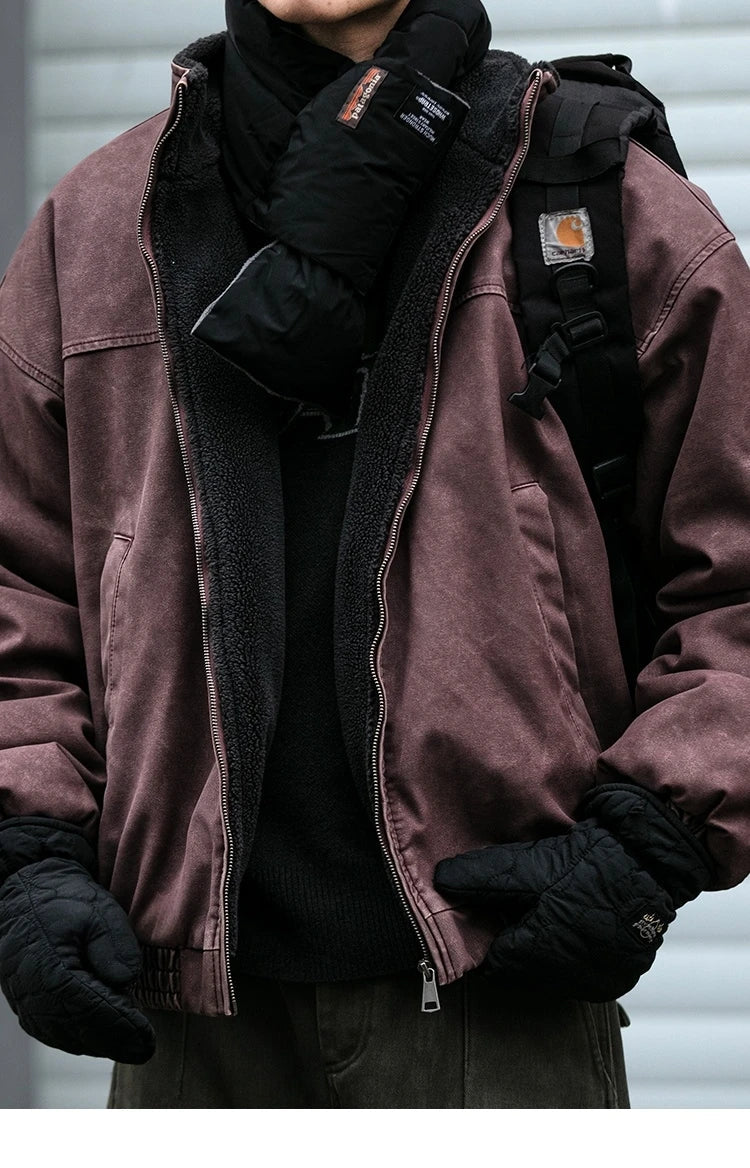 Winter Heavyweight Mens Jacket Japanese Vintage PU Coated Windproof Thick Fleece Lined Warm Distressed Streetwear Long Coat Male