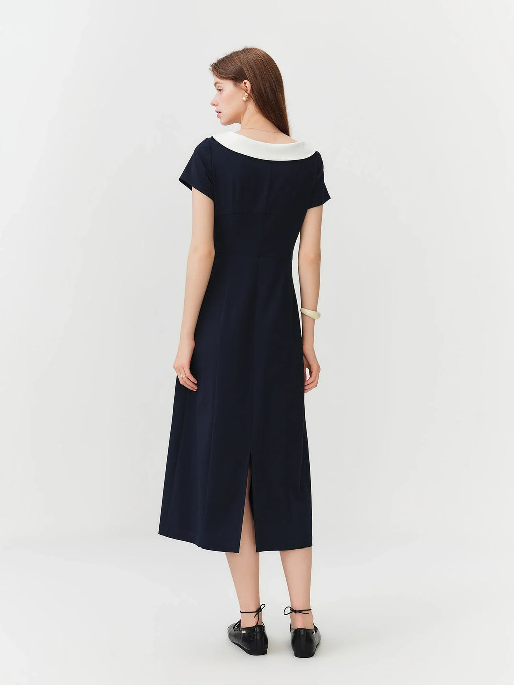 Women Sailor Collar Contrast Bow Belt Midi Dress Waist-Cinching V-Neck French Coquette Chic Elegant Style
