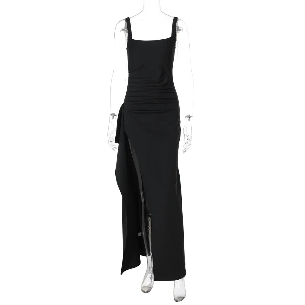 Women Elegant Solid Straps Slit Ruched Patchwork Sexy Bodycon Maxi Dress Summer Outfits Evening Party Birthday Festival