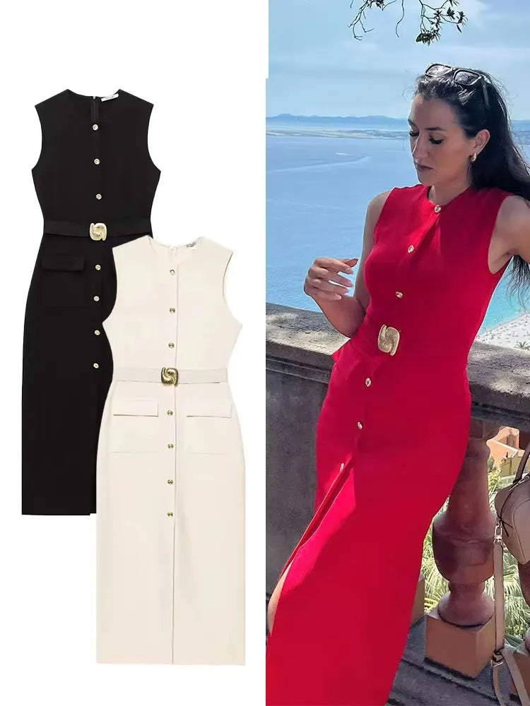 Female Summer Elegant Midi Dress O-Neck Hem Slit With Belt Sleeveless Single Breasted Back Zipper Fashion Long Dress