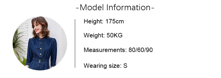 Women Denim Dress Retro Style Casual 2024 Spring Round Neck Three-quarter Sleeve Slim Fit A-line Fishtail Dress