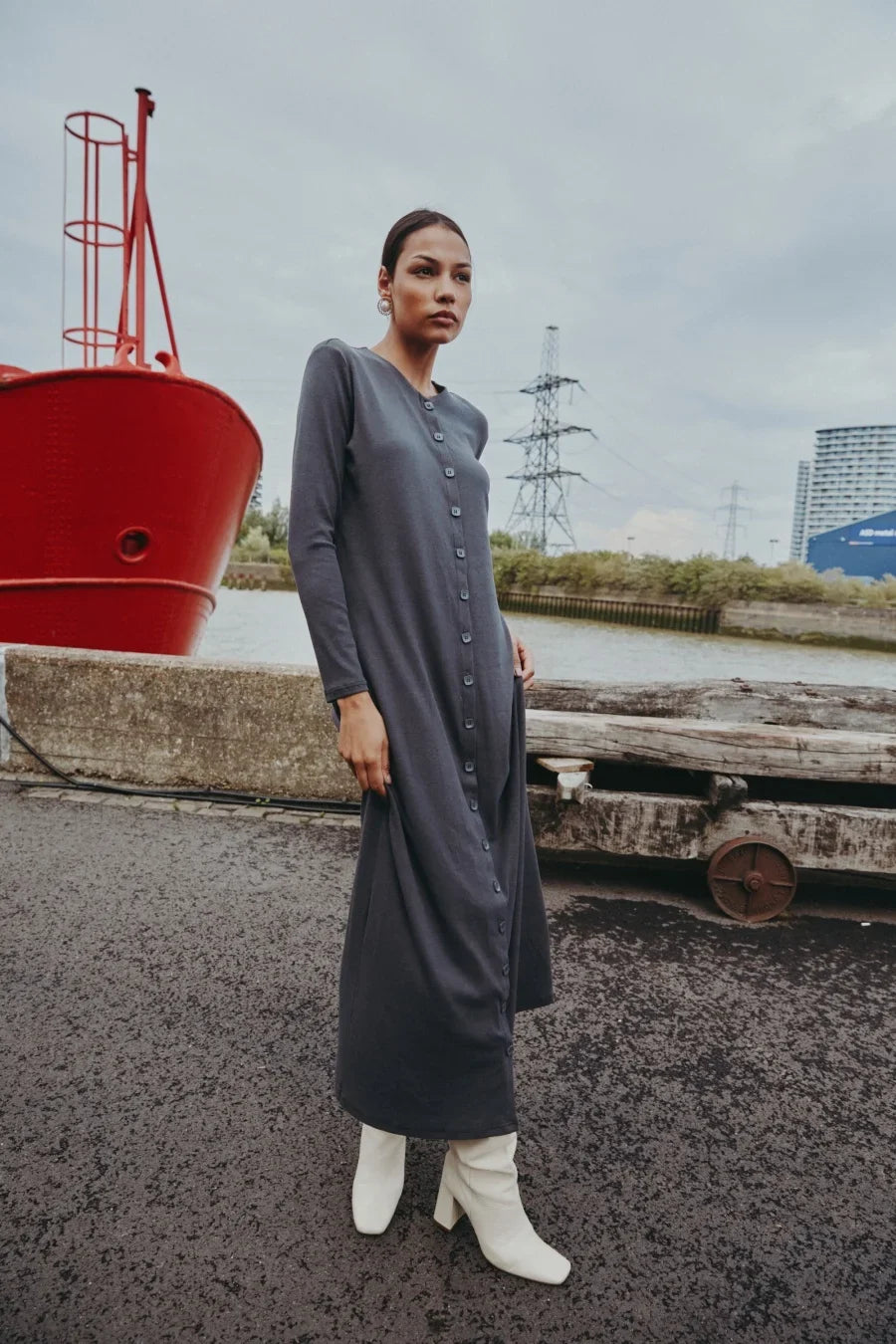 AW25 ribbing maxi dress woman fashion V neck comfortable button dress