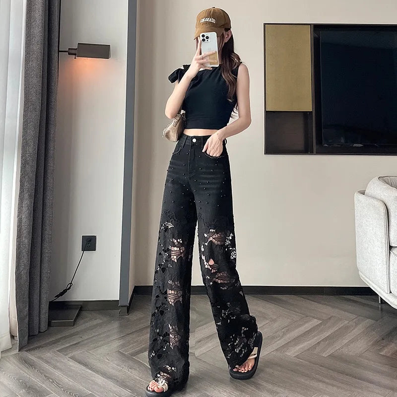 بنطلون جينز نسائي بتصميم Y2k لطيف، جينز بخصر عالٍ وأرجل واسعة