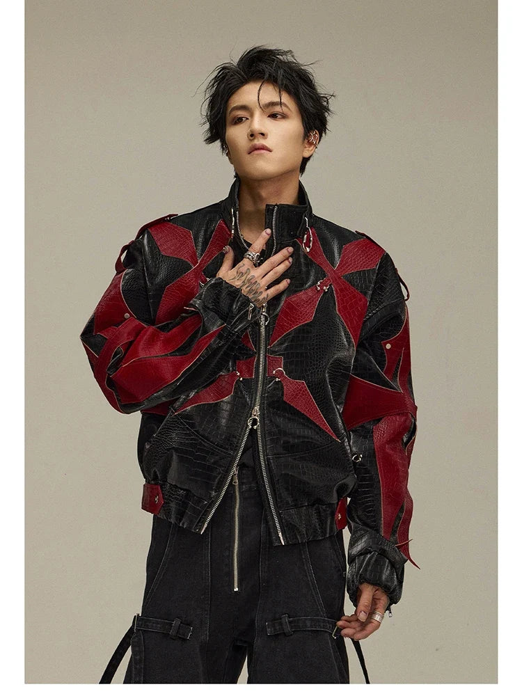Spring Autumn Cool Handsome Crocodile Print Patchwork Pu Leather Jacket Men Color Block Luxury Designer Clothes 2024