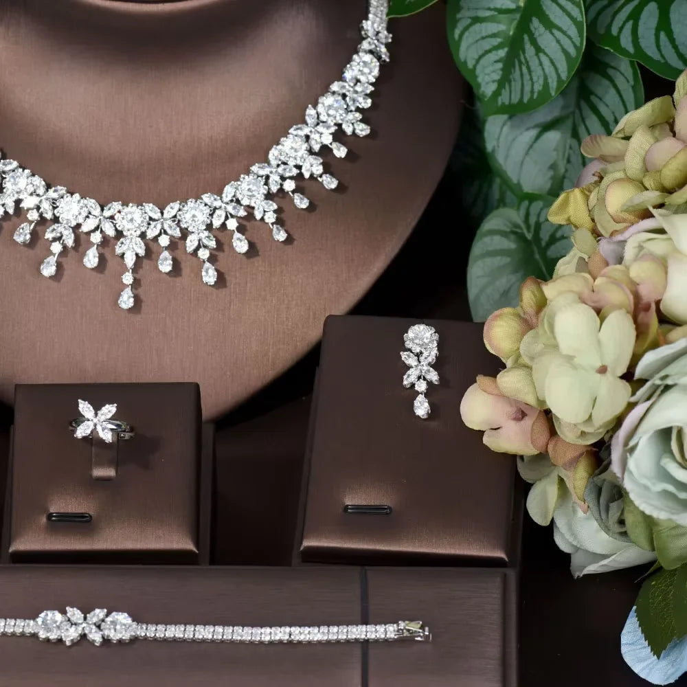 Leaf Water Drop 4pcs Necklace Pendant Set for Women Cubic Zirconia Dubia Nigeria Bridal Wedding Jewelry Set Bijoux S-351