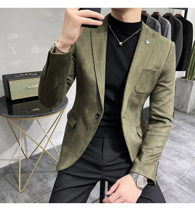 Plus Size 4XL-M Autumn Deerskin Velvet Jackets Blazer 6 Color Men Business Slim Blazers Hommes Casual Wedding Tuxedo Suit Coat