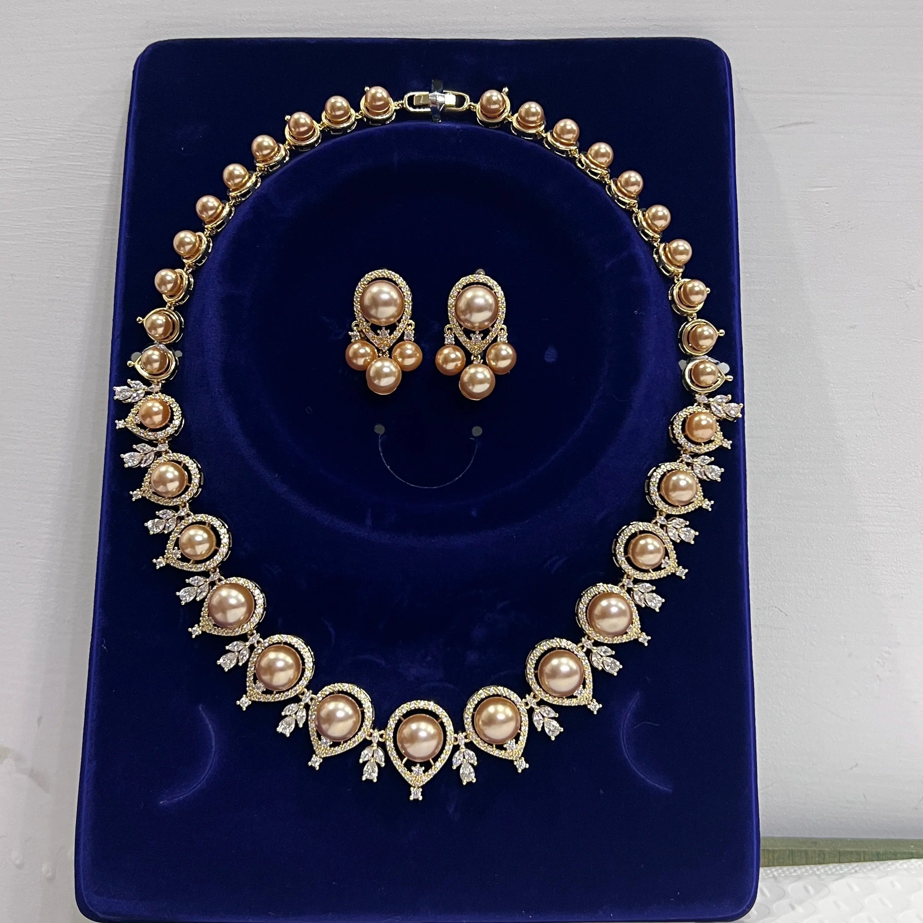 Luxury Round Shape Gold Color Pearl Necklace 2 Pieces Set , Bridal Wedding Dubai Saudi Jewelry for Women's Party