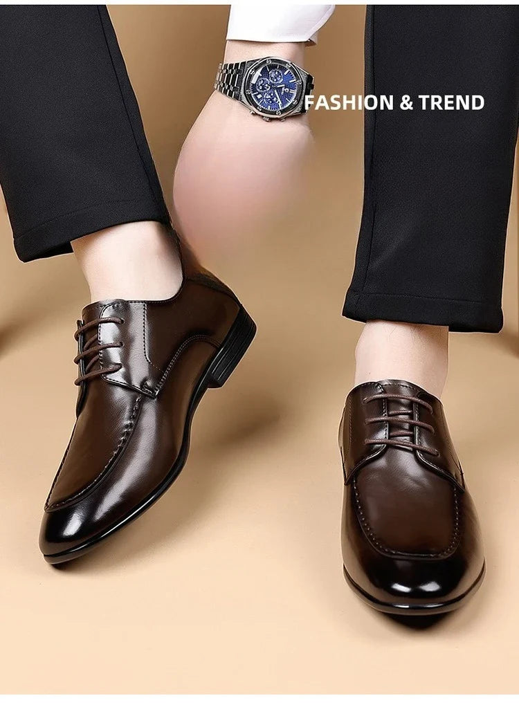 Spring Autumn New Pointed Toe Leather Shoes Men Fashion Business Casual Shoe Male Lace Designer Solid Color Wedding Shoes Man