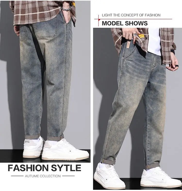 Retro American Style Men's Jeans Loose Fit Heavy Casual Slim Leg Cotton Pants Elastic Waist Korean Denim Jeans for Spring Autumn