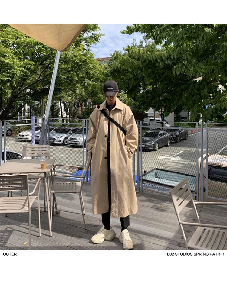 Spring Autumn Long Oversized Black Khaki Trench Coat Men Raglan Sleeve Single Breasted Loose Casual Korean Fashion