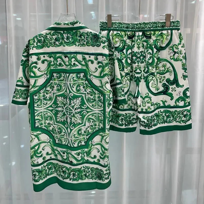 Summer 2025 Digital Print Casual Short Sleeve Mens Shirt Shorts Hawaiian Shirt Set Cross-Border Youth Fashion Male Model Clothes