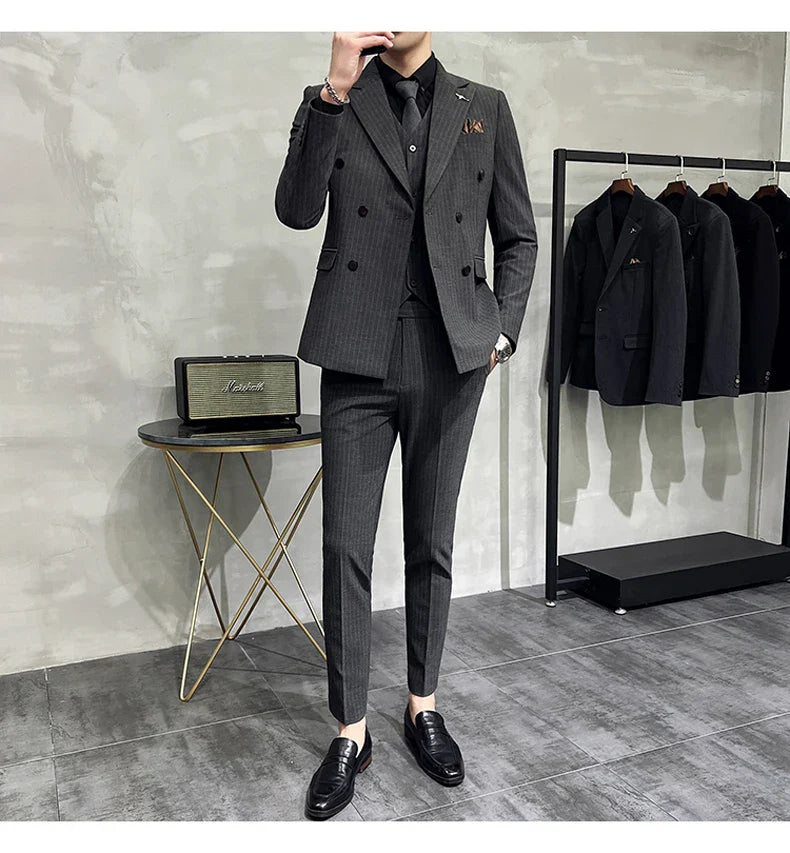 ( Blazer+Vest+Pants ) Groom Wedding Male Suit Luxury Brand Fashion Striped Men's Casual Business Office Double Breasted Suit