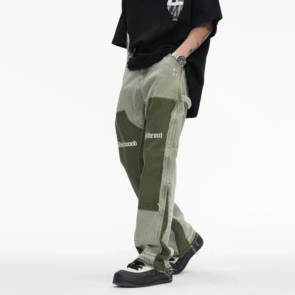 Vintage Distressed Jeans Green Graffiti Men's Flared Denim Jean