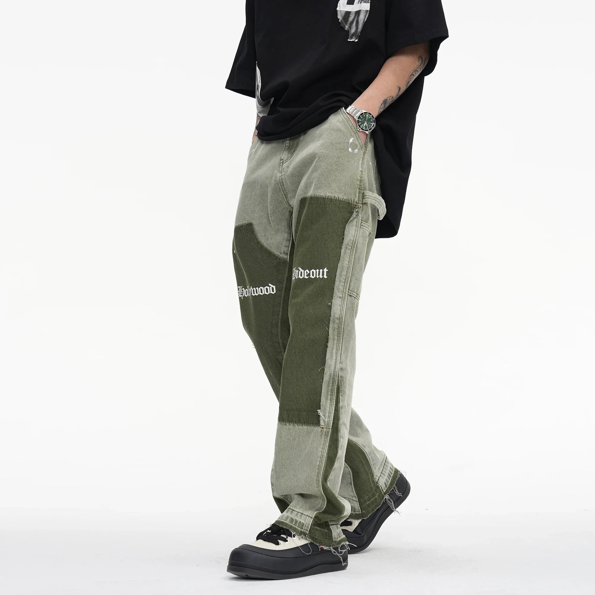 Vintage Distressed Jeans Green Graffiti Men's Flared Denim Jean