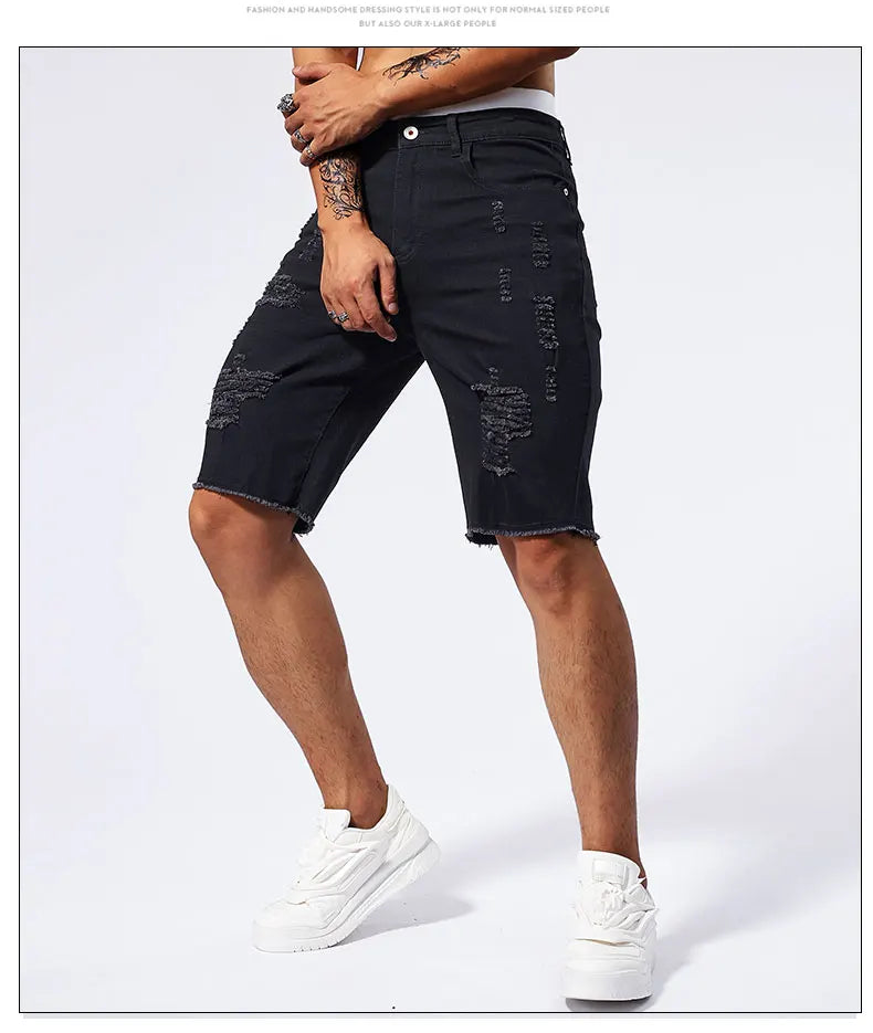 Vintage Denim Shorts Men's American Stretch Slim Jeans Fashion Ripped Streetwear Male Hole Frayed Short Pants Blue Black